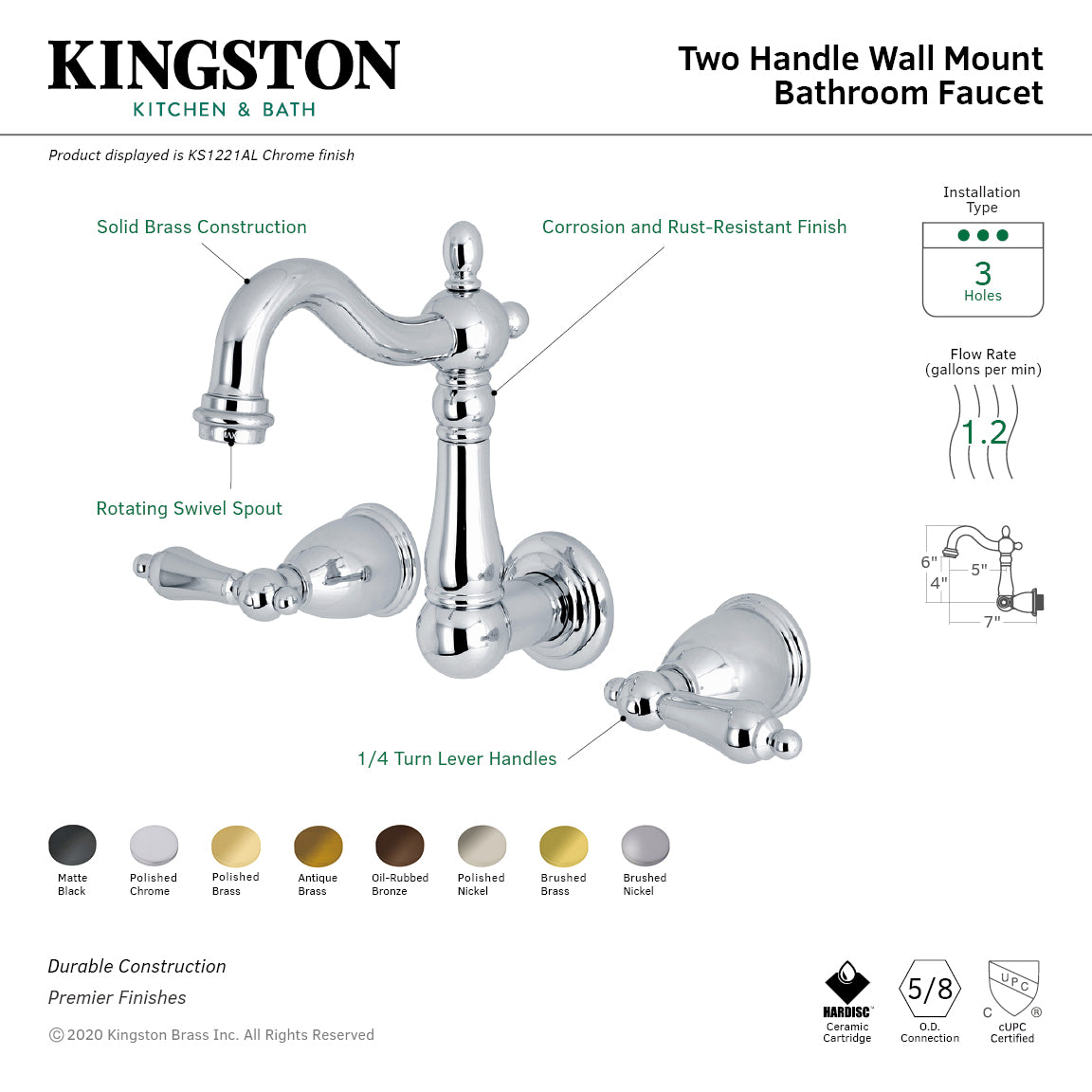 Kingston Heirloom KS1225AL - Heritage Double-Handle 3-Hole Wall Mount Bathroom Faucet, Oil Rubbed Bronze — thumbnail 2